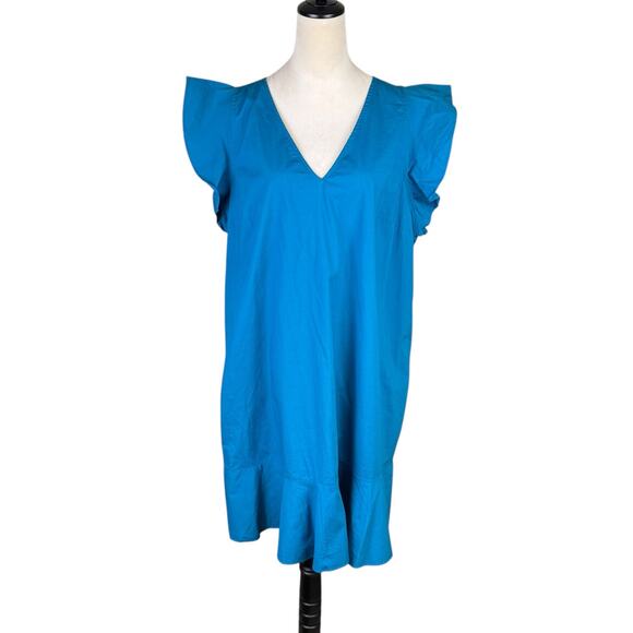J. Crew Mercantile Teal Blue Flutter Sleeve Ruffle Hem Cotton Blend Shift Dress - Picture 2 of 11